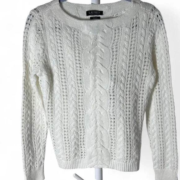 Lauren Ralph Lauren Cable Knit Boat Neck Cotton Sweater Womens M Preppy Yacht - Picture 2 of 4
